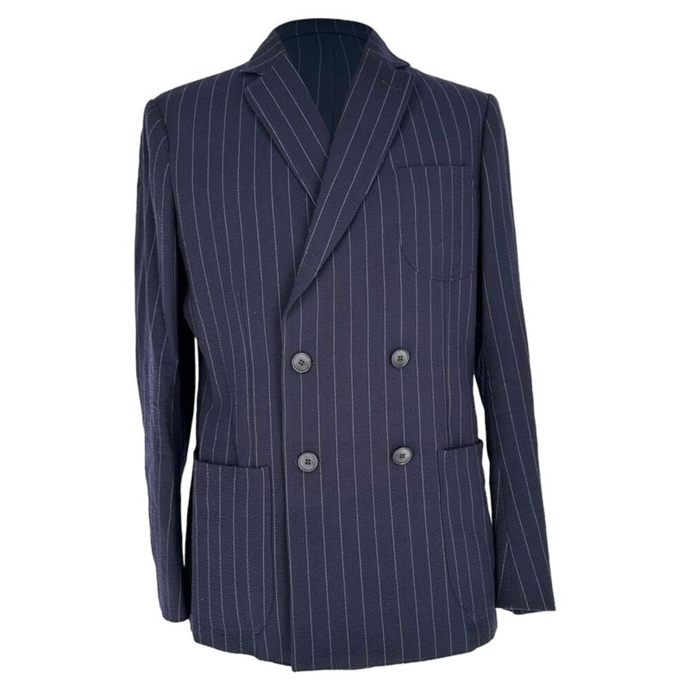 Giorgio Armani Double Breasted Pinstripe Blazer in Navy Blue Wool